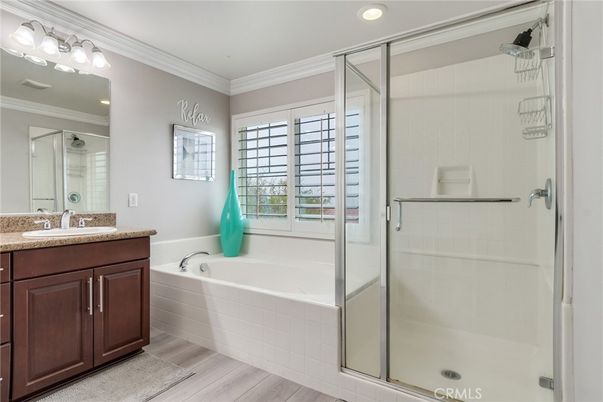 Bathroom, Glass Shower, Interior, Recessed Lighting, Wood Texture Flooring