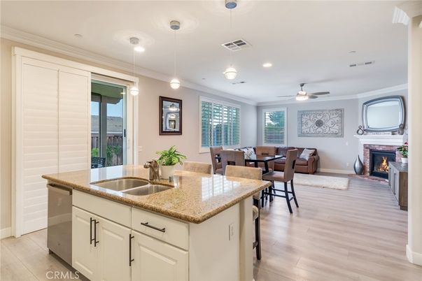 Dining room, Fireplace, Interior, Kitchen, Living room, Pendant Lights, Recessed Lighting, Wood Texture Flooring