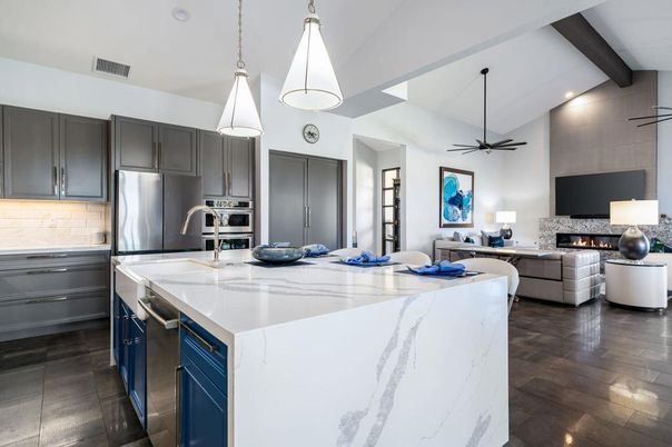 Fireplace, Interior, Kitchen, Living room, Pendant Lights, Recessed Lighting, Stainless Steel Appliances, Wooden Beams, Wood Texture Flooring