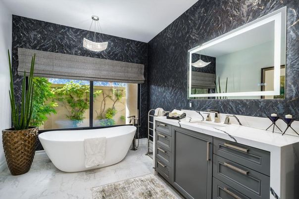Bathroom, Dual Sink Vanities, Free Standing Baths, Interior, Marble, Marble Walls, Pendant Lights