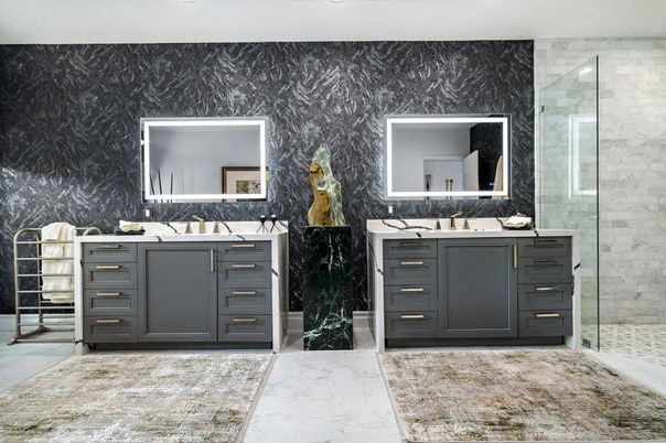 Bathroom, Dual Sink Vanities, Glass Shower, Interior, Marble, Marble Walls, Recessed Lighting