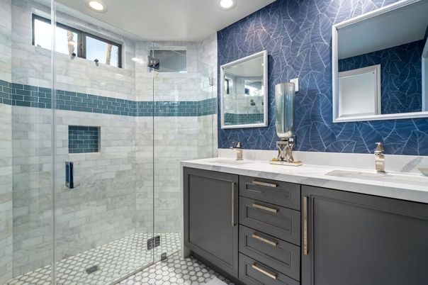 Bathroom, Dual Sink Vanities, Glass Shower, Interior, Recessed Lighting