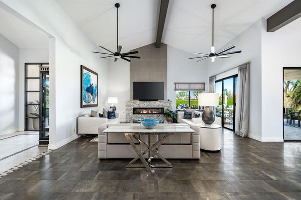 Fireplace, Interior, Living room, Pendant Lights, Wooden Beams