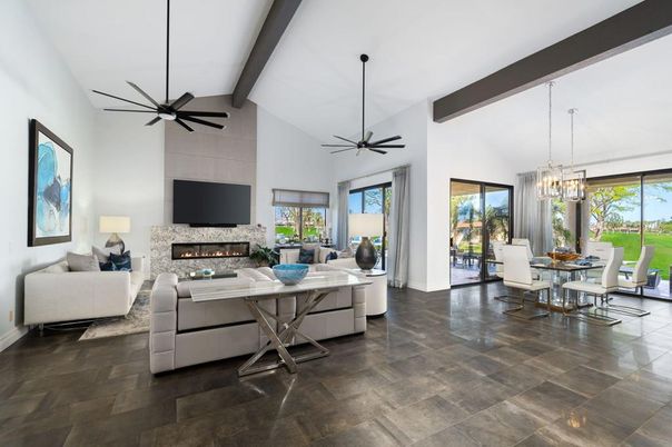 Dining room, Fireplace, Interior, Living room, Pendant Lights, Wooden Beams