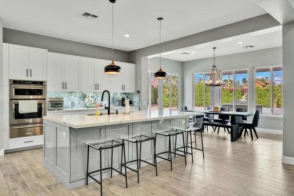 Dining room, Interior, Kitchen, Pendant Lights, Recessed Lighting, Stainless Steel Appliances, Wood Texture Flooring