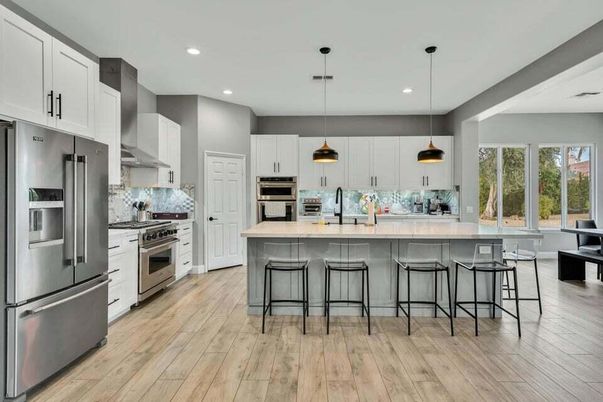 Interior, Kitchen, Pendant Lights, Recessed Lighting, Stainless Steel Appliances, Wood Texture Flooring
