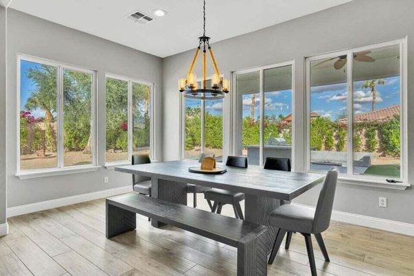 Chandelier, Dining room, Interior, Recessed Lighting, Wood Texture Flooring