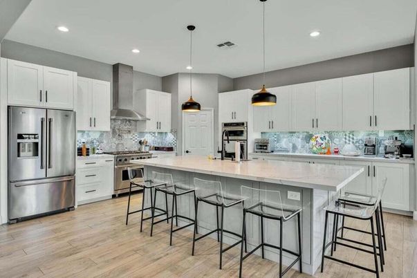 Interior, Kitchen, Pendant Lights, Recessed Lighting, Stainless Steel Appliances, Wood Texture Flooring