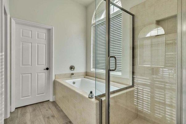 Bathroom, Glass Shower, Interior, Wood Texture Flooring
