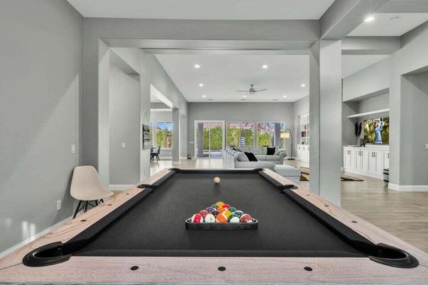 Billiard Table, Game Room, Interior, Recessed Lighting, Wood Texture Flooring