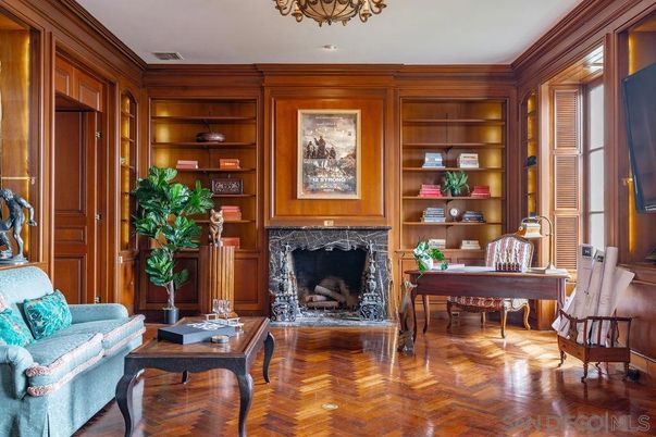 Fireplace, Home Office, Interior, Recessed Lighting, Wood Texture Flooring, Wooden Walls