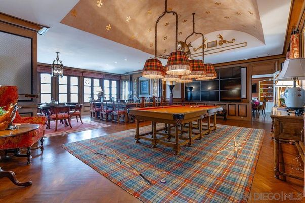 Billiard Table, Chandelier, Dining room, Game Room, Interior, Pendant Lights, Recessed Lighting, Wood Texture Flooring