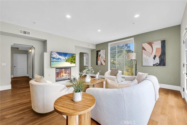 Fireplace, Interior, Living room, Recessed Lighting, Wood Texture Flooring