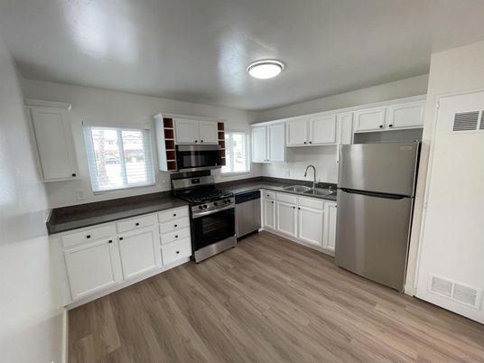 Interior, Kitchen, Stainless Steel Appliances, Wood Texture Flooring