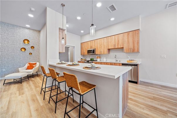 Interior, Kitchen, Pendant Lights, Recessed Lighting, Stainless Steel Appliances, Wood Texture Flooring