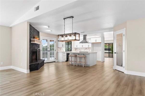 Fireplace, Interior, Kitchen, Pendant Lights, Wood Texture Flooring