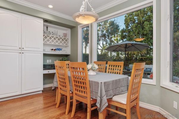 Dining room, Interior, Pendant Lights, Recessed Lighting, Wood Texture Flooring
