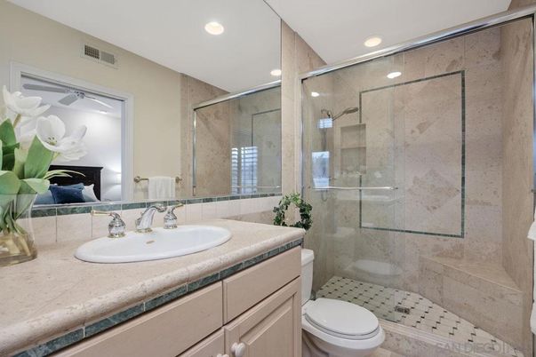 Bathroom, Glass Shower, Interior, Recessed Lighting, Tile Countertops