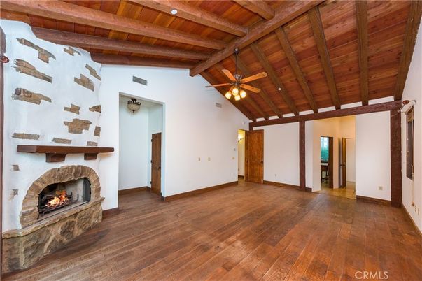Empty room, Fireplace, Interior, Wooden Beams, Wooden Ceilings, Wood Texture Flooring
