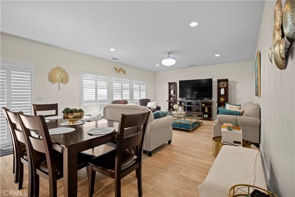 Dining room, Interior, Living room, Recessed Lighting, Wood Texture Flooring