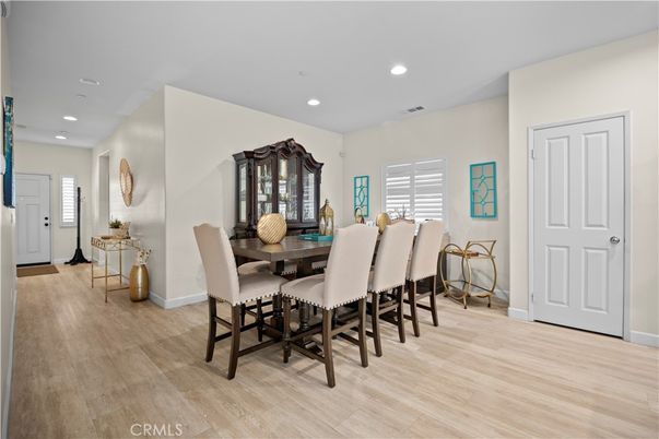 Dining room, Interior, Recessed Lighting, Wood Texture Flooring