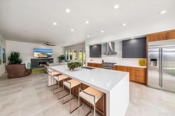 Fireplace, Interior, Kitchen, Living room, Recessed Lighting, Stainless Steel Appliances