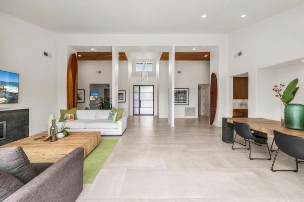 Fireplace, Interior, Living room, Recessed Lighting, Wooden Beams