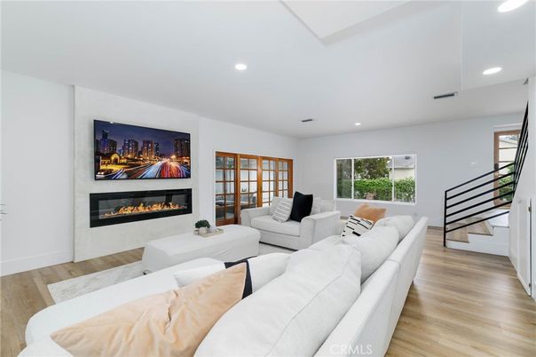 Fireplace, Interior, Living room, Recessed Lighting, Wood Texture Flooring