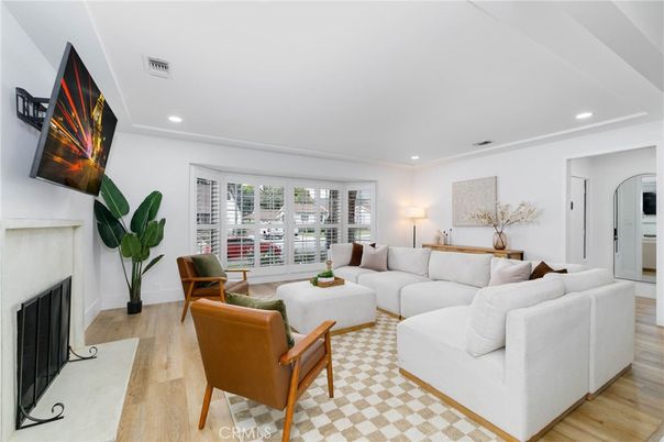 Fireplace, Interior, Living room, Recessed Lighting, Wood Texture Flooring