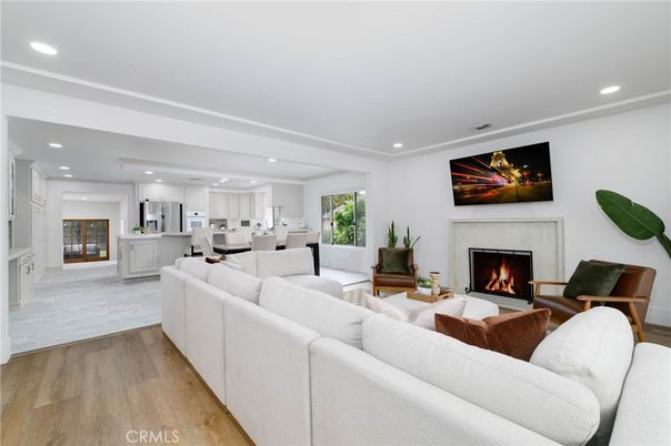 Dining room, Fireplace, Interior, Kitchen, Living room, Recessed Lighting, Wood Texture Flooring