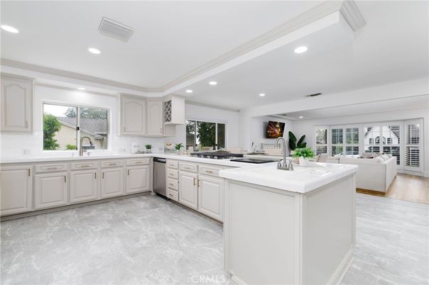 Interior, Kitchen, Living room, Recessed Lighting, Stainless Steel Appliances, Wood Texture Flooring