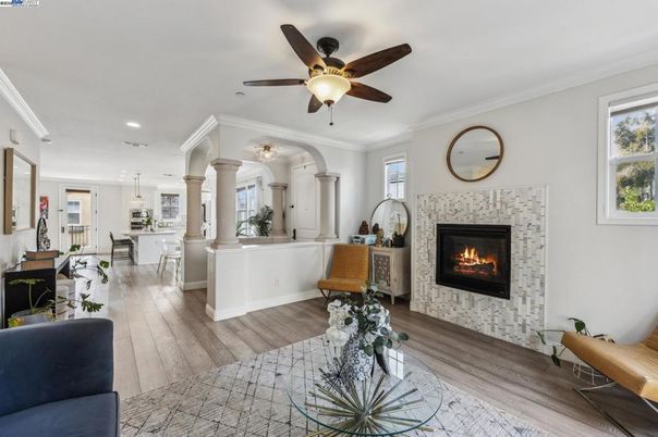 Dining room, Fireplace, Interior, Living room, Pendant Lights, Recessed Lighting, Wood Texture Flooring