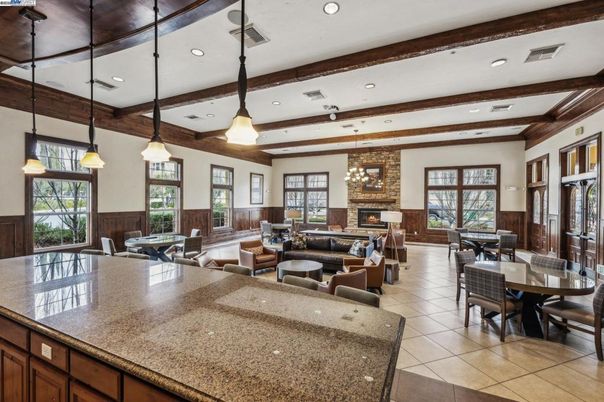 Dining room, Fireplace, Interior, Living room, Pendant Lights, Recessed Lighting, Wooden Beams