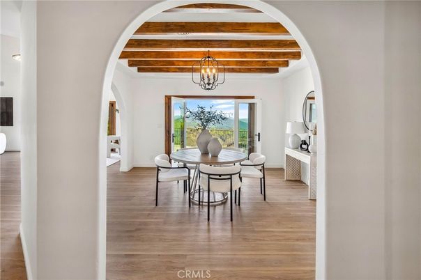 Chandelier, Dining room, Interior, Wooden Beams, Wooden Ceilings, Wood Texture Flooring