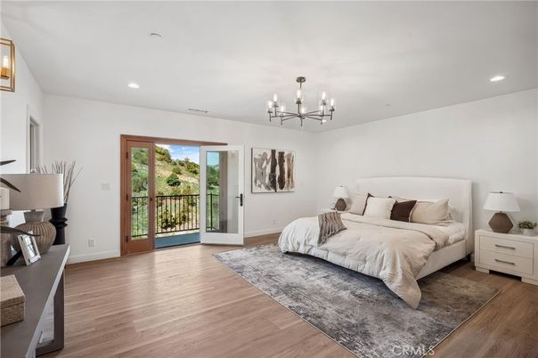 Bedroom, Chandelier, Interior, Recessed Lighting, Wood Texture Flooring