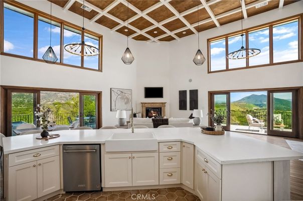 Fireplace, Interior, Kitchen, Living room, Pendant Lights