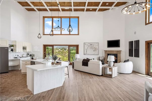 Fireplace, Interior, Kitchen, Living room, Pendant Lights, Recessed Lighting, Wooden Beams, Wooden Ceilings, Wood Texture Flooring