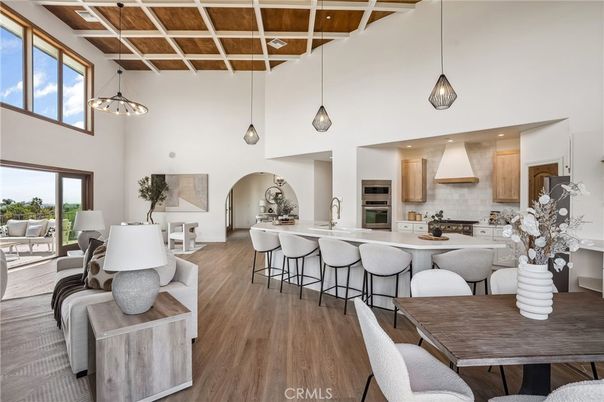 Dining room, Interior, Kitchen, Pendant Lights, Recessed Lighting, Stainless Steel Appliances, Wooden Beams, Wood Texture Flooring