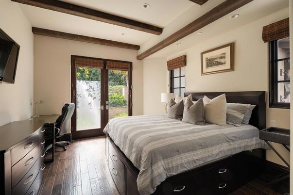 Bedroom, Home Office, Interior, Recessed Lighting, Wooden Beams, Wood Texture Flooring