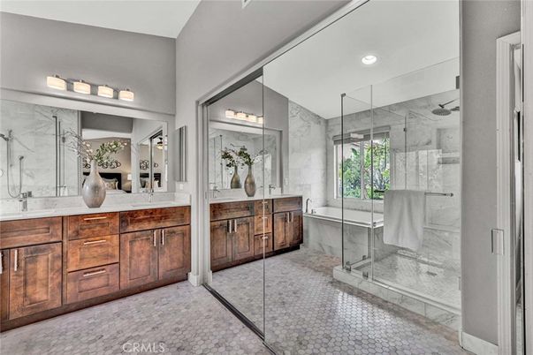 Bathroom, Dual Sink Vanities, Free Standing Baths, Glass Shower, Interior, Marble Walls, Recessed Lighting