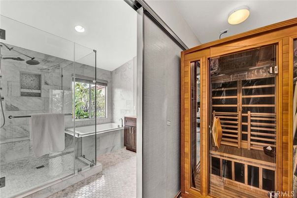 Bathroom, Glass Shower, Interior, Marble Walls, Recessed Lighting, Sauna Room