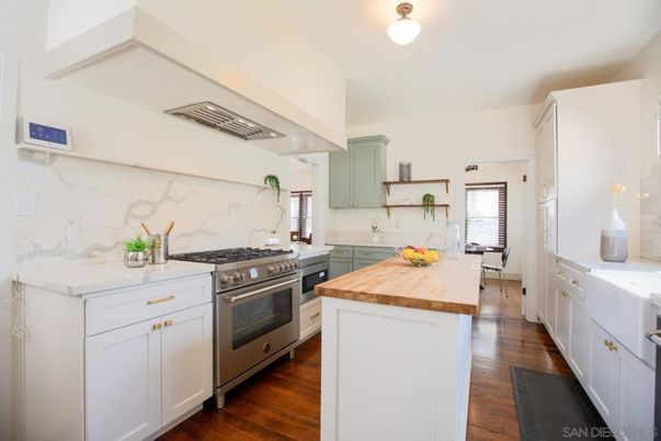 Interior, Kitchen, Marble Walls, Stainless Steel Appliances, Wood Texture Flooring