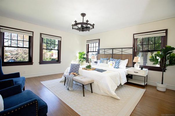 Bedroom, Chandelier, Interior, Wood Texture Flooring