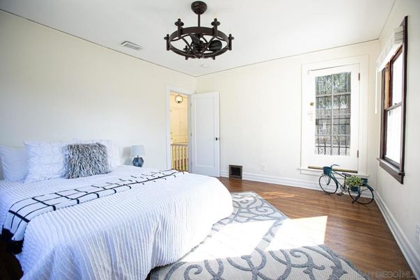Bedroom, Chandelier, Interior, Wood Texture Flooring