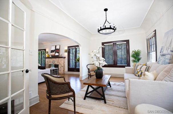 Fireplace, Interior, Living room, Pendant Lights, Wood Texture Flooring