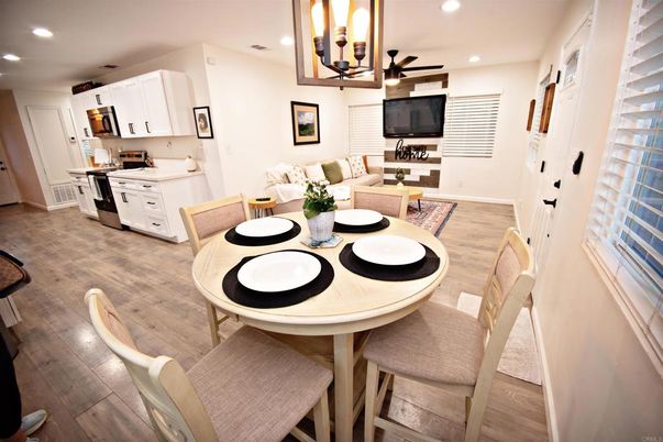 Dining room, Interior, Kitchen, Living room, Pendant Lights, Recessed Lighting, Wood Texture Flooring
