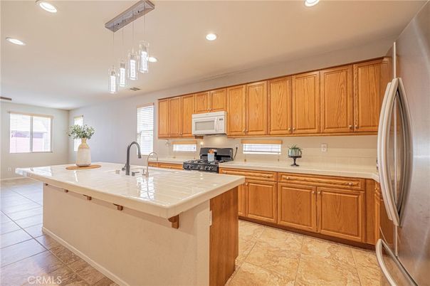 Interior, Kitchen, Pendant Lights, Recessed Lighting, Stainless Steel Appliances, Tile Countertops