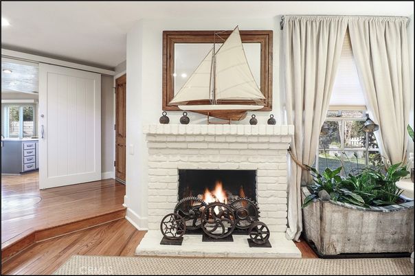 Fireplace, Interior, Recessed Lighting, Wood Texture Flooring