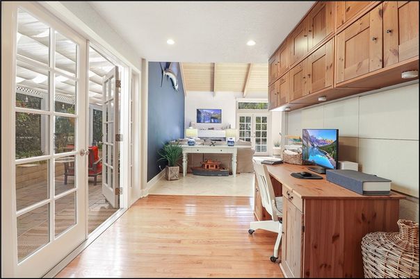 Home Office, Interior, Recessed Lighting, Wooden Ceilings, Wood Texture Flooring