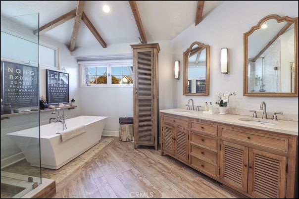 Bathroom, Dual Sink Vanities, Free Standing Baths, Interior, Recessed Lighting, Wooden Beams, Wood Texture Flooring